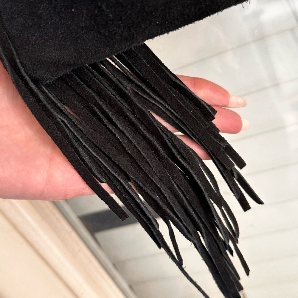 SORPRESA Black Suede Fringe Zippered Envelope Crossbody Shoulder Bag Boho Hippy - Picture 2 of 8